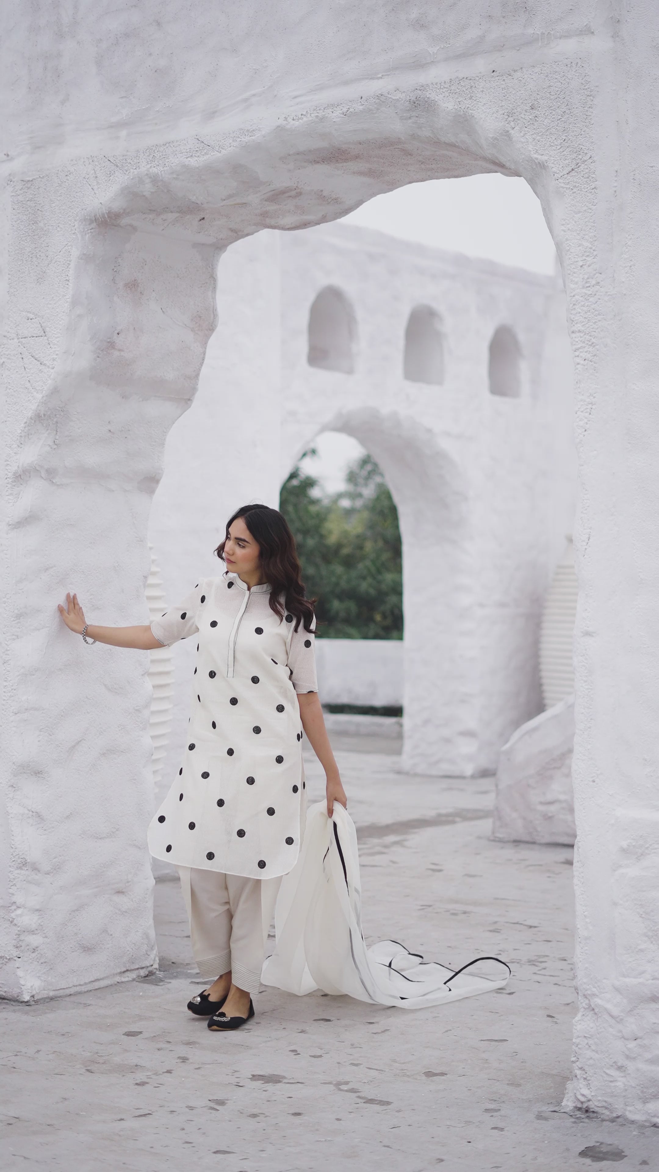 Pakistani Pearl White Polka Embroidered Cotton Karandi Kurta Set (3-Piece) - Image 12