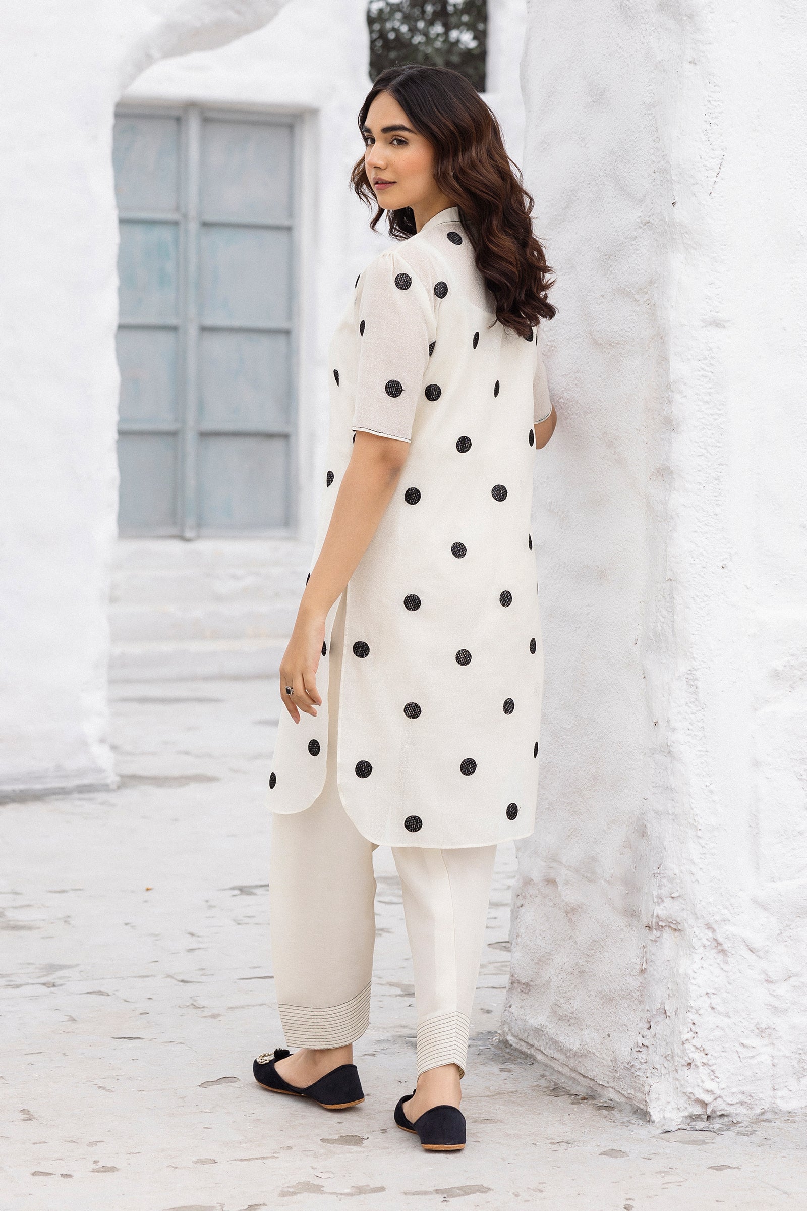 Pakistani Pearl White Polka Embroidered Cotton Karandi Kurta Set (3-Piece) - Image 5