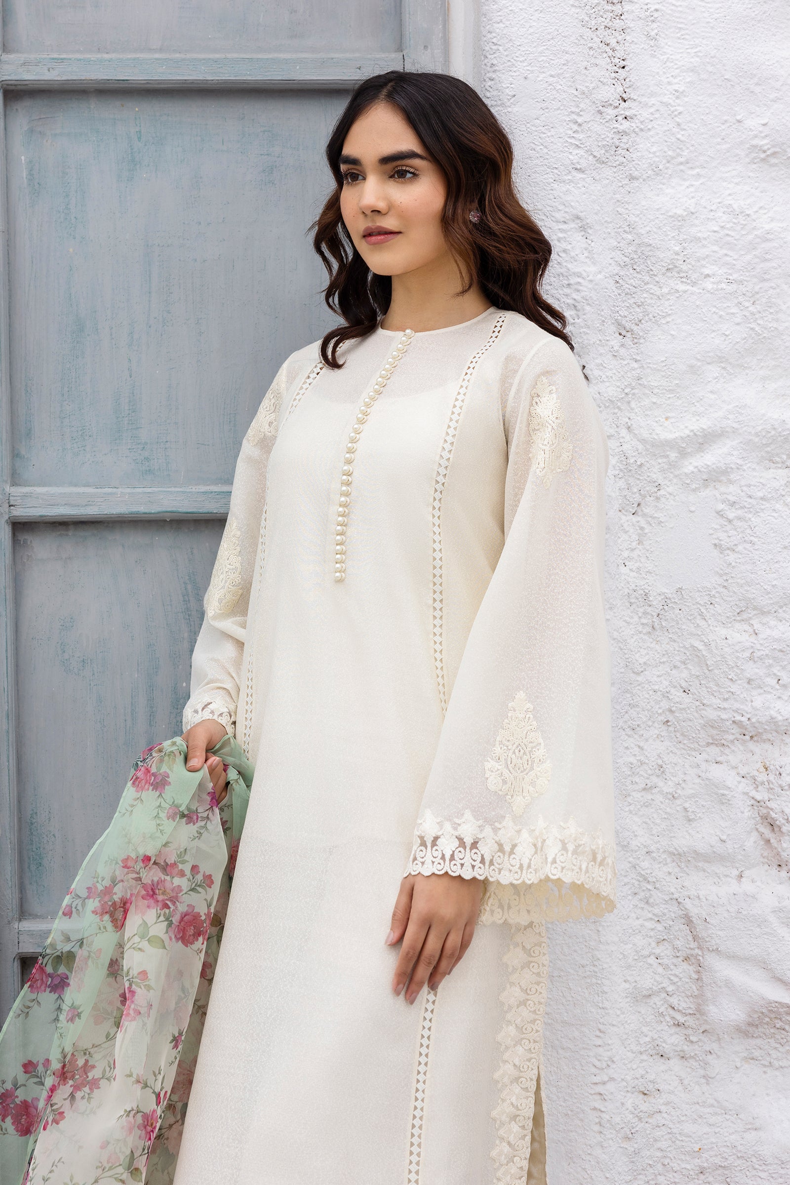 Pearl White Embroidered Cotton Karandi Salwar Kameez (3-Piece) - Image 1