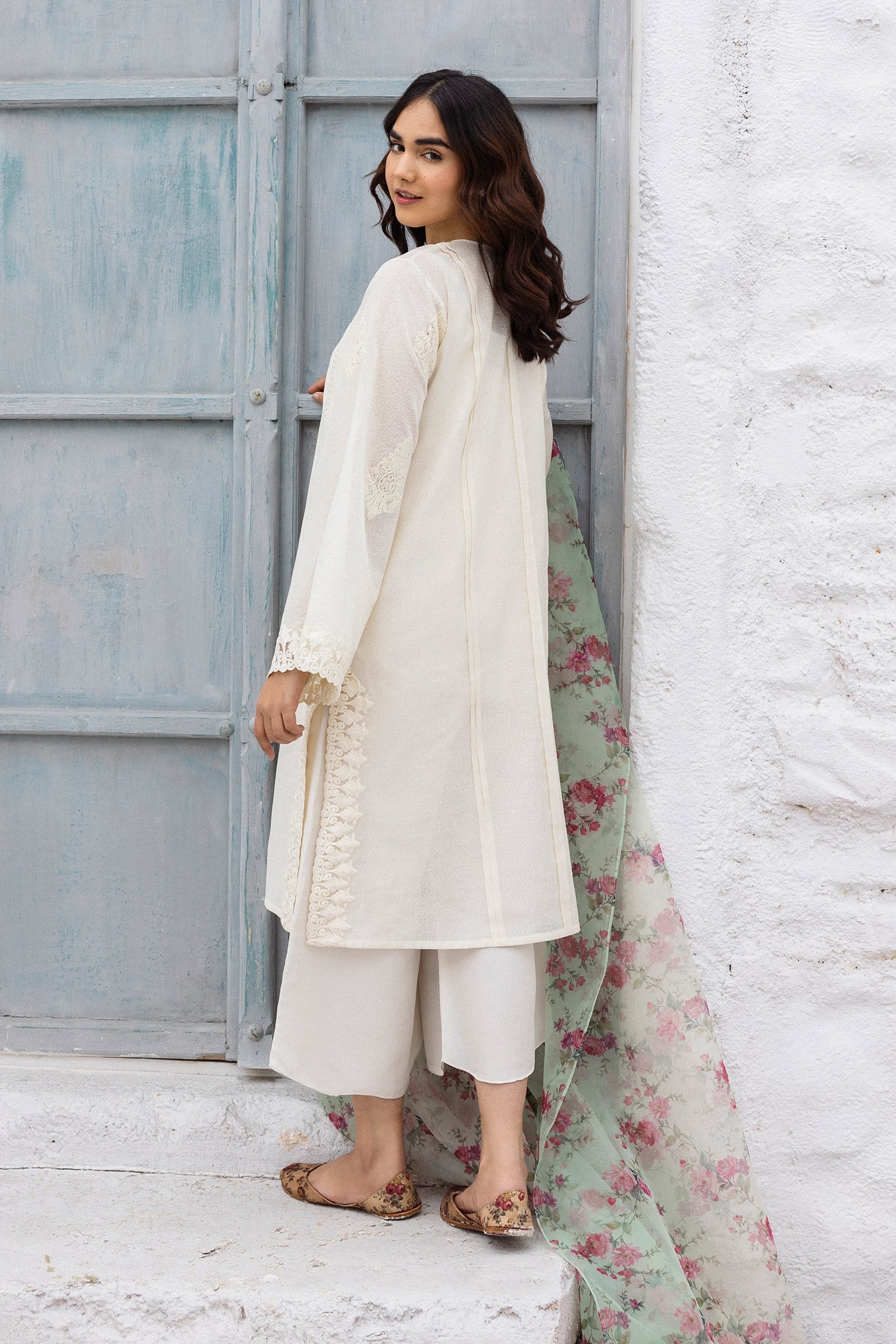 Pearl White Embroidered Cotton Karandi Salwar Kameez (3-Piece) - Image 3