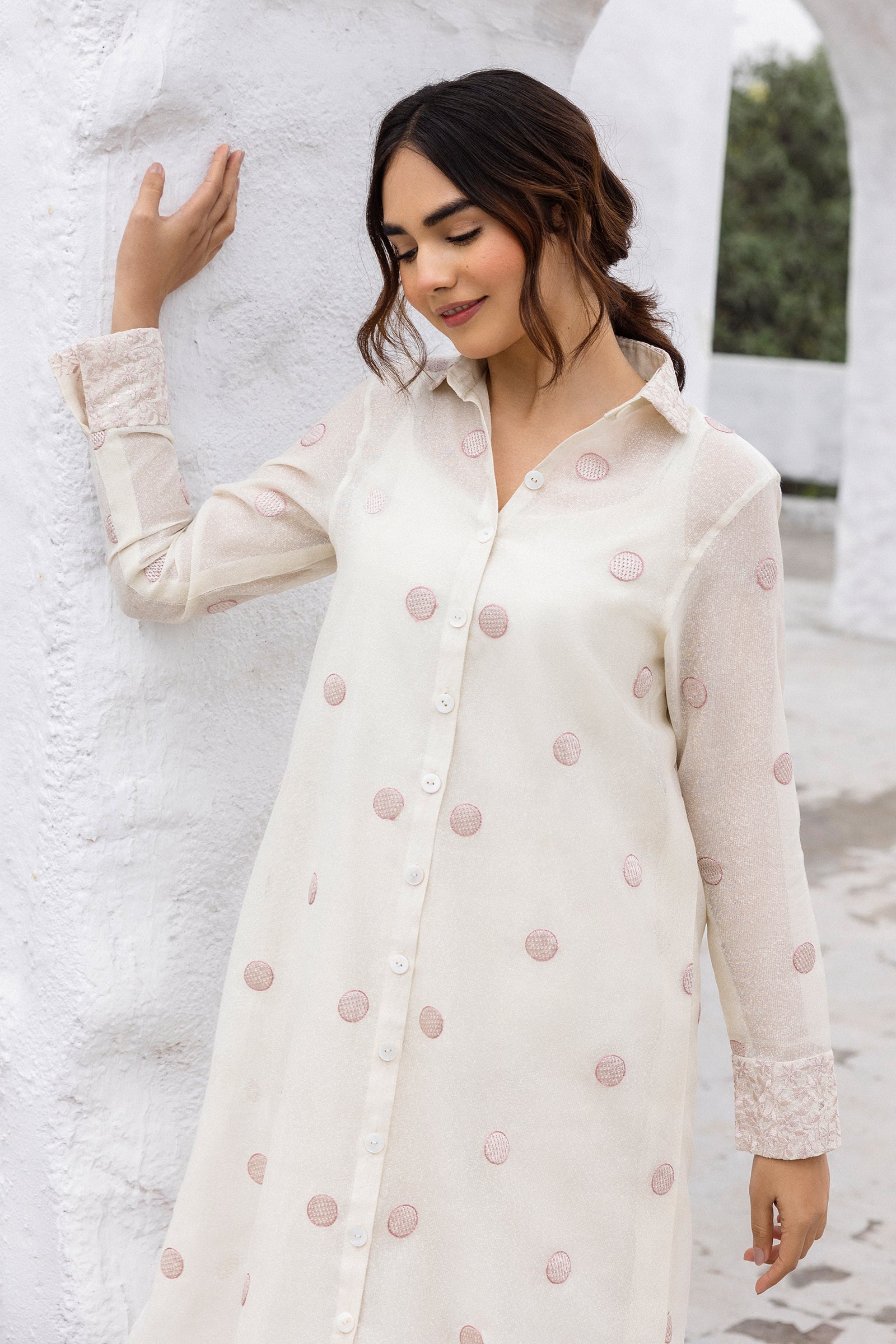 Pakistani Pearl White Embroidered Cotton Karandi Salwar Kameez (3-Piece) - Image 10