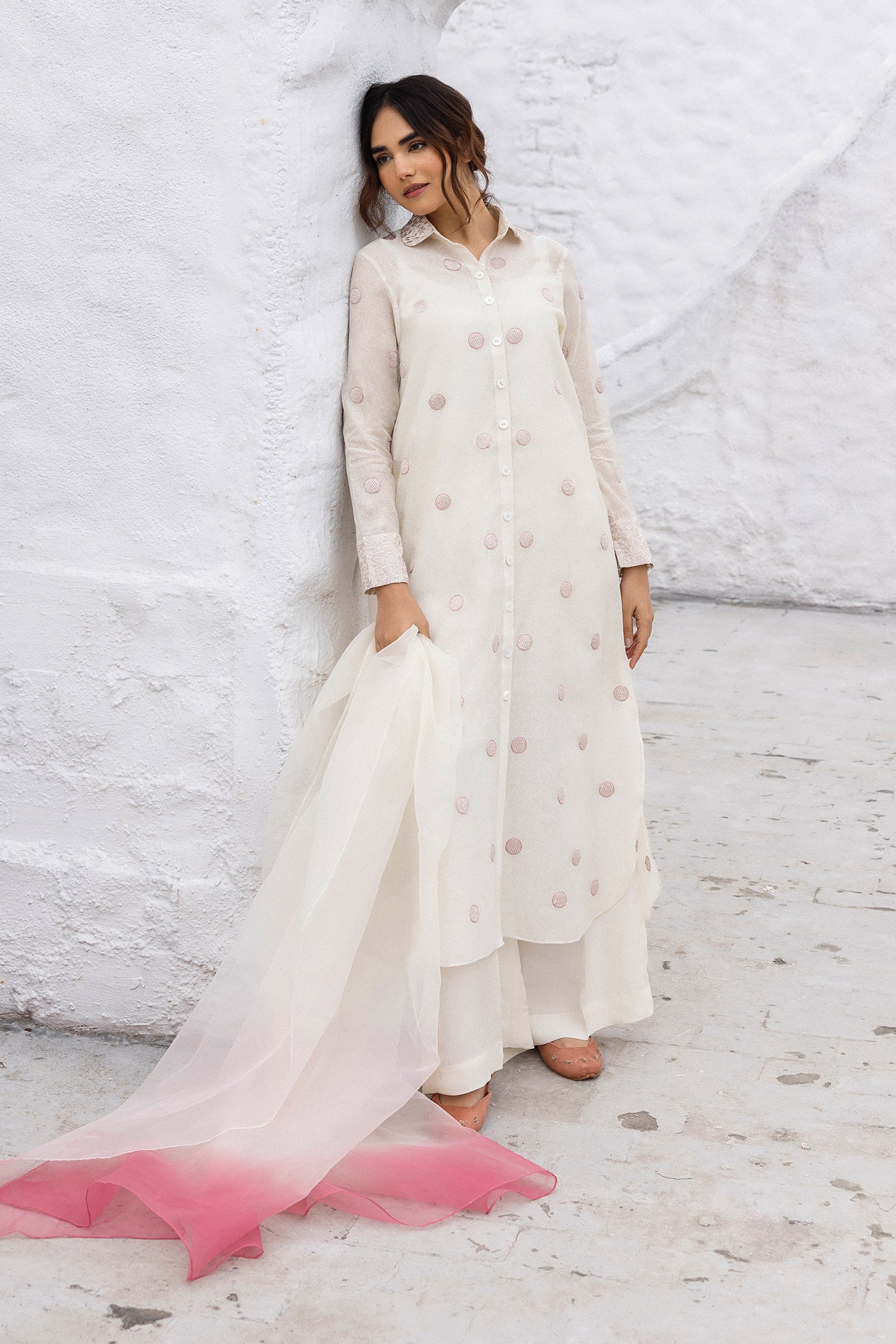 Pakistani Pearl White Embroidered Cotton Karandi Salwar Kameez (3-Piece) - Image 2