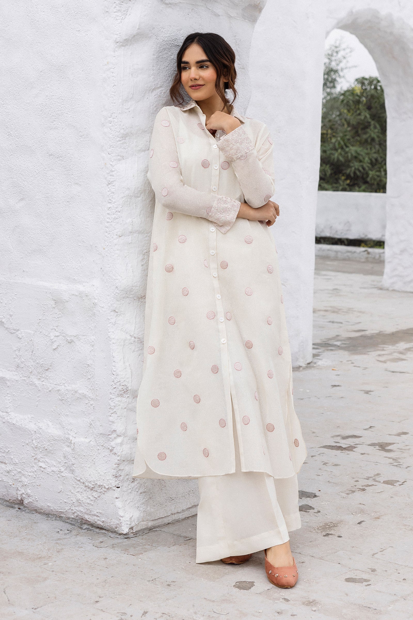 Pakistani Pearl White Embroidered Cotton Karandi Salwar Kameez (3-Piece) - Image 3