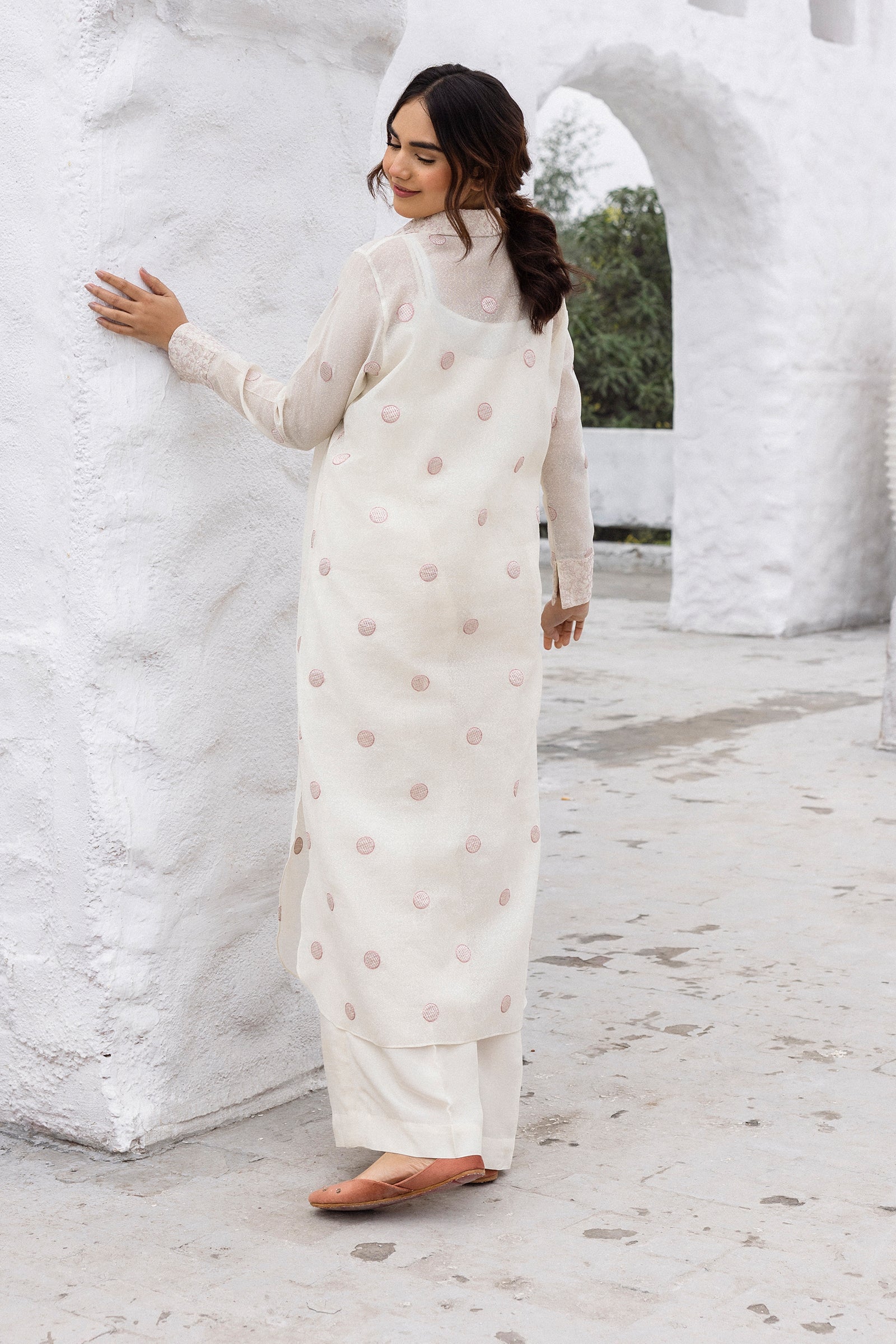 Pakistani Pearl White Embroidered Cotton Karandi Salwar Kameez (3-Piece) - Image 4