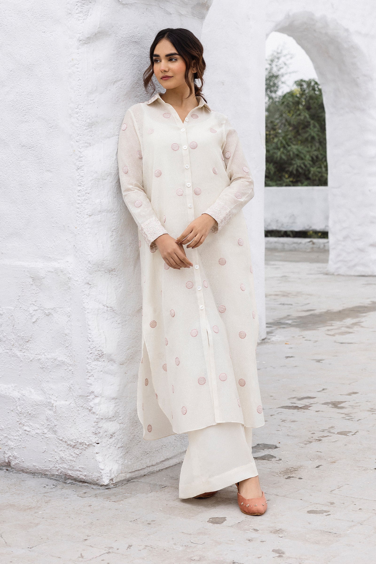 Pakistani Pearl White Embroidered Cotton Karandi Salwar Kameez (3-Piece) - Image 5