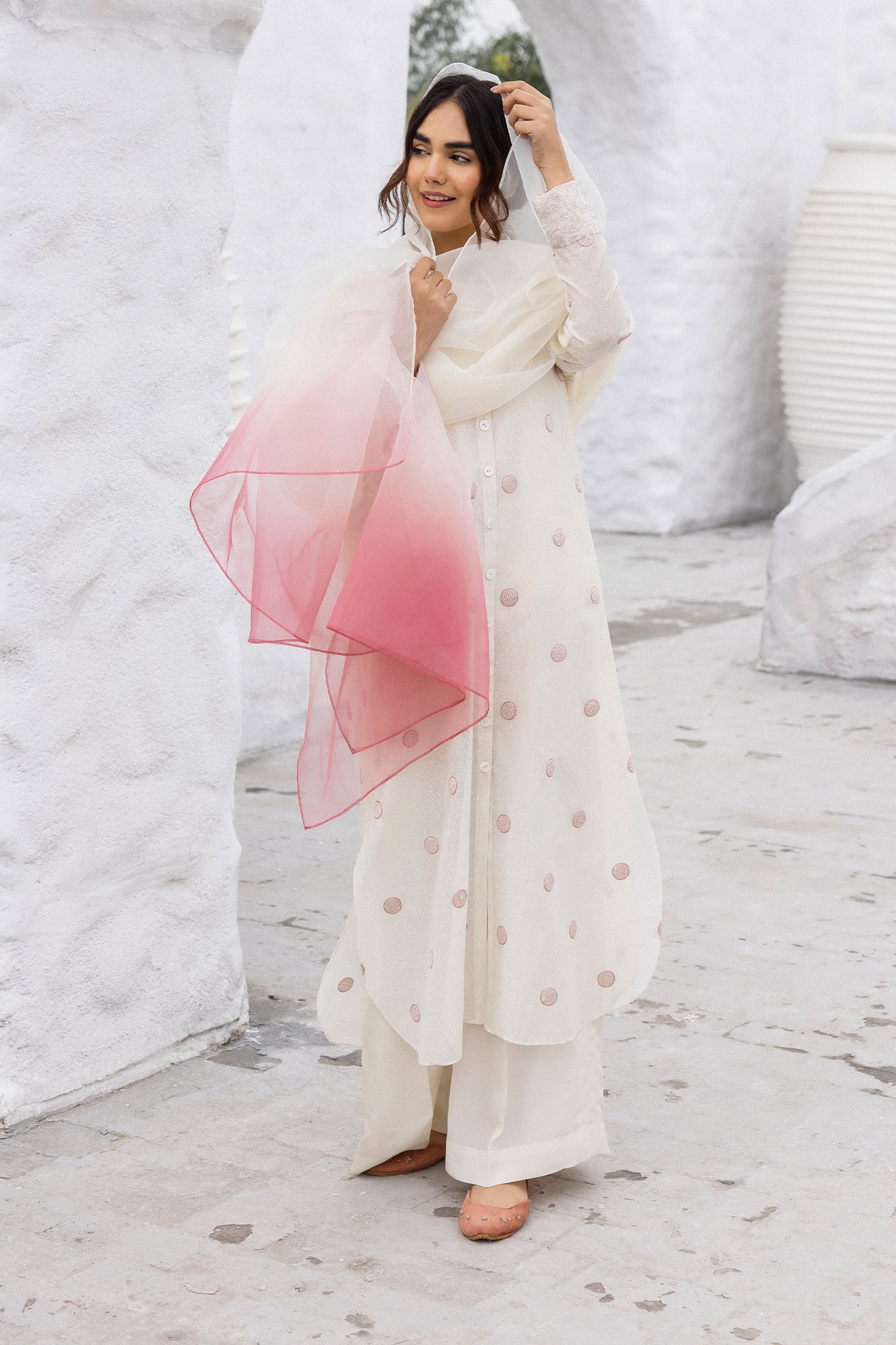 Pakistani Pearl White Embroidered Cotton Karandi Salwar Kameez (3-Piece) - Image 6