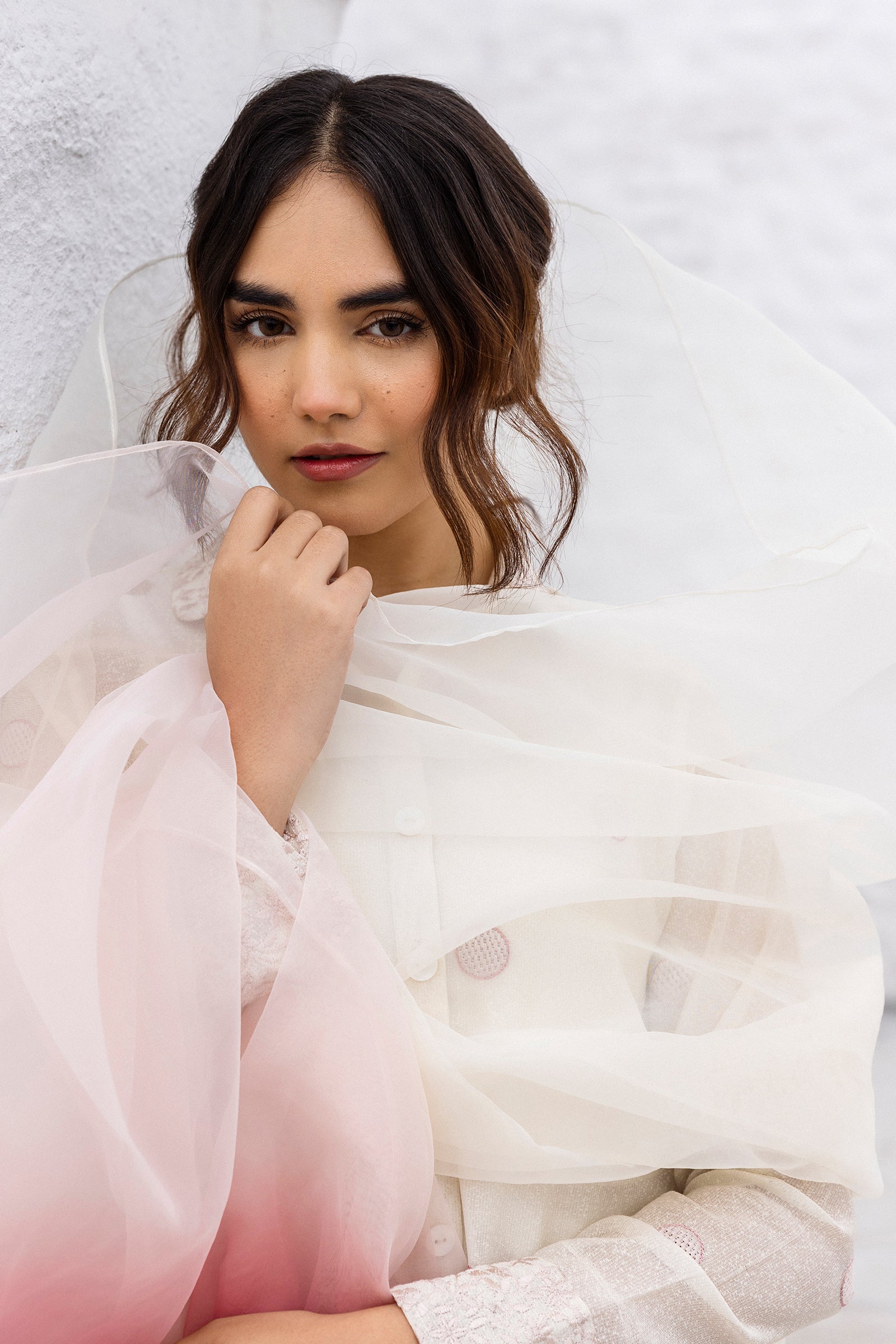 Pakistani Pearl White Embroidered Cotton Karandi Salwar Kameez (3-Piece) - Image 8