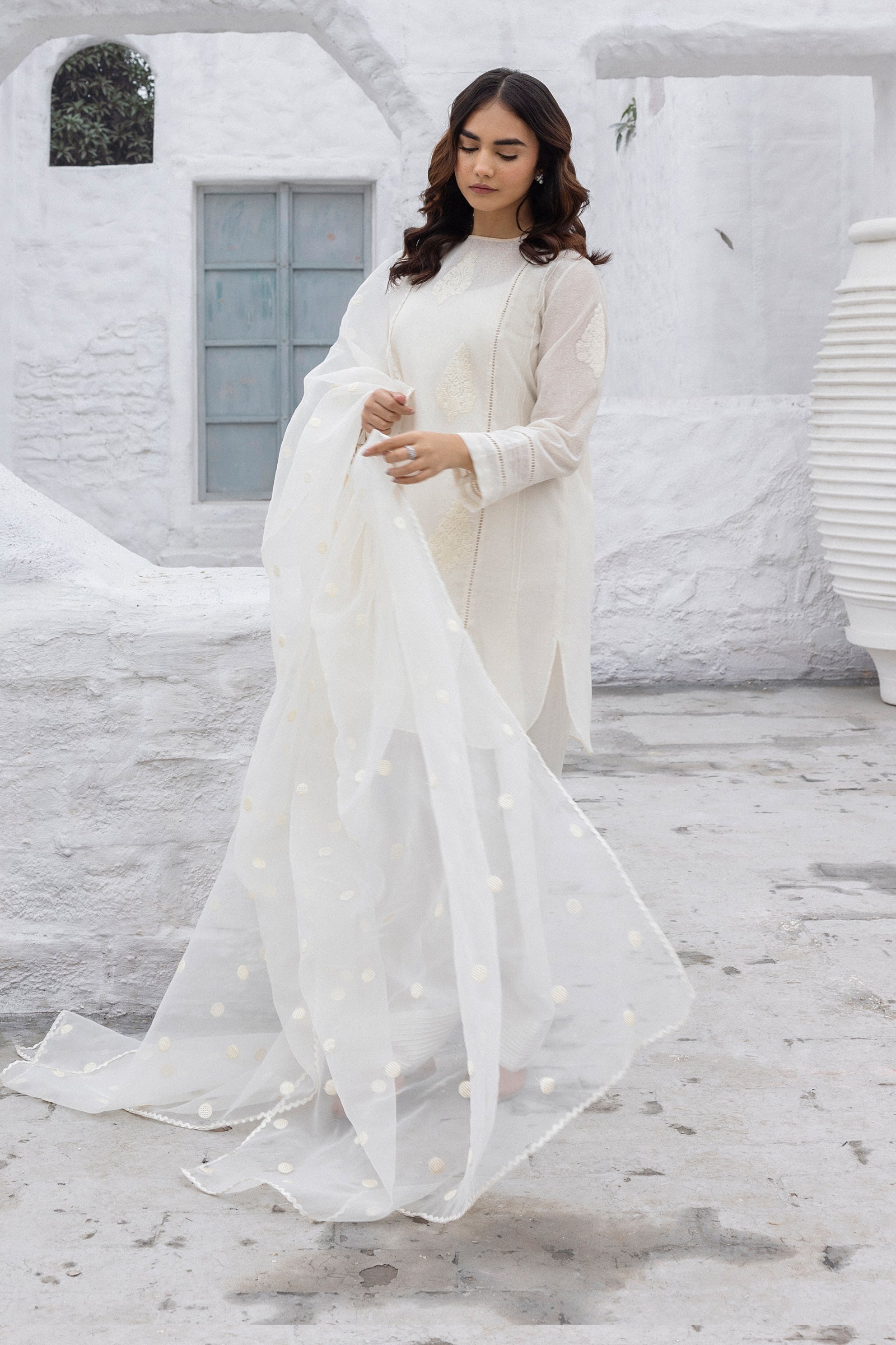 Pearl White Embroidered Cotton Karandi Salwar Kameez (3-Piece) - Image 3