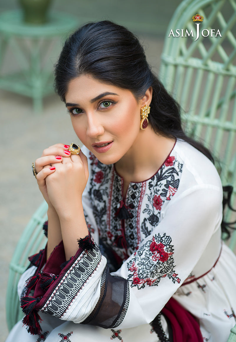 Pakistani White Embroidered Cotton & Chiffon Salwar Kameez (3-Piece) - Image 2