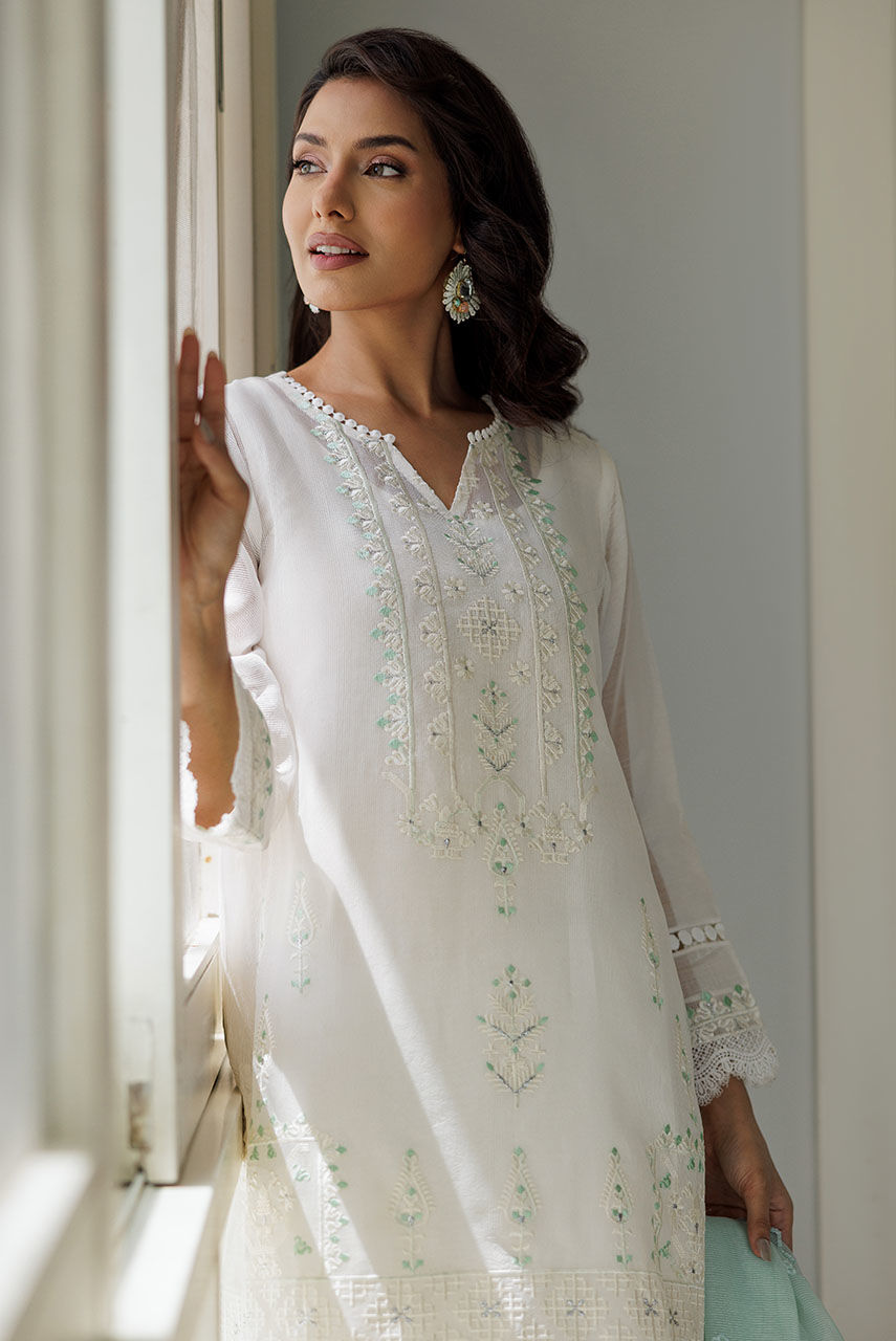 White Embroidered Cotton Net Salwar Kameez (3-Piece) - Image 2