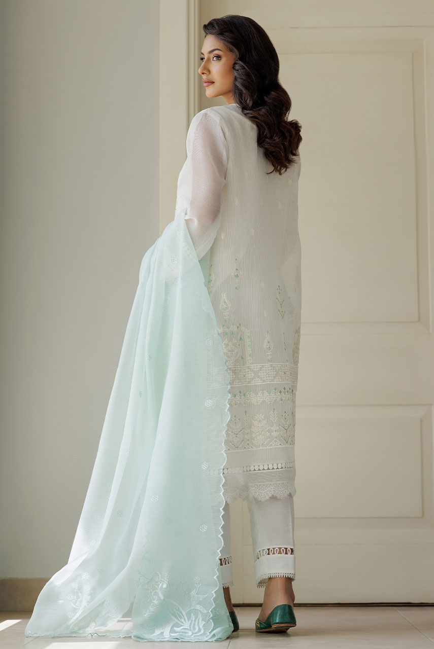 White Embroidered Cotton Net Salwar Kameez (3-Piece) - Image 3