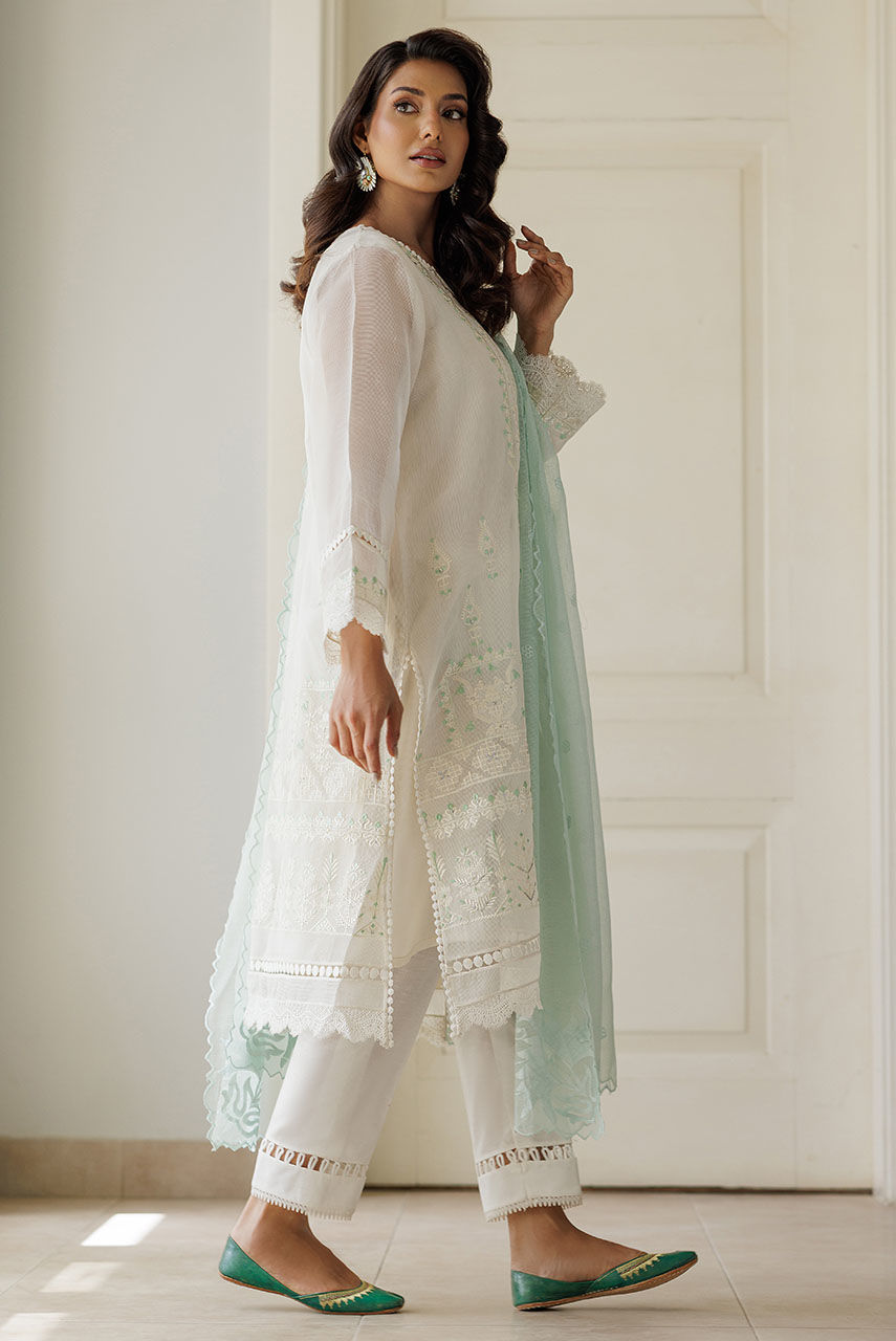 White Embroidered Cotton Net Salwar Kameez (3-Piece) - Image 4