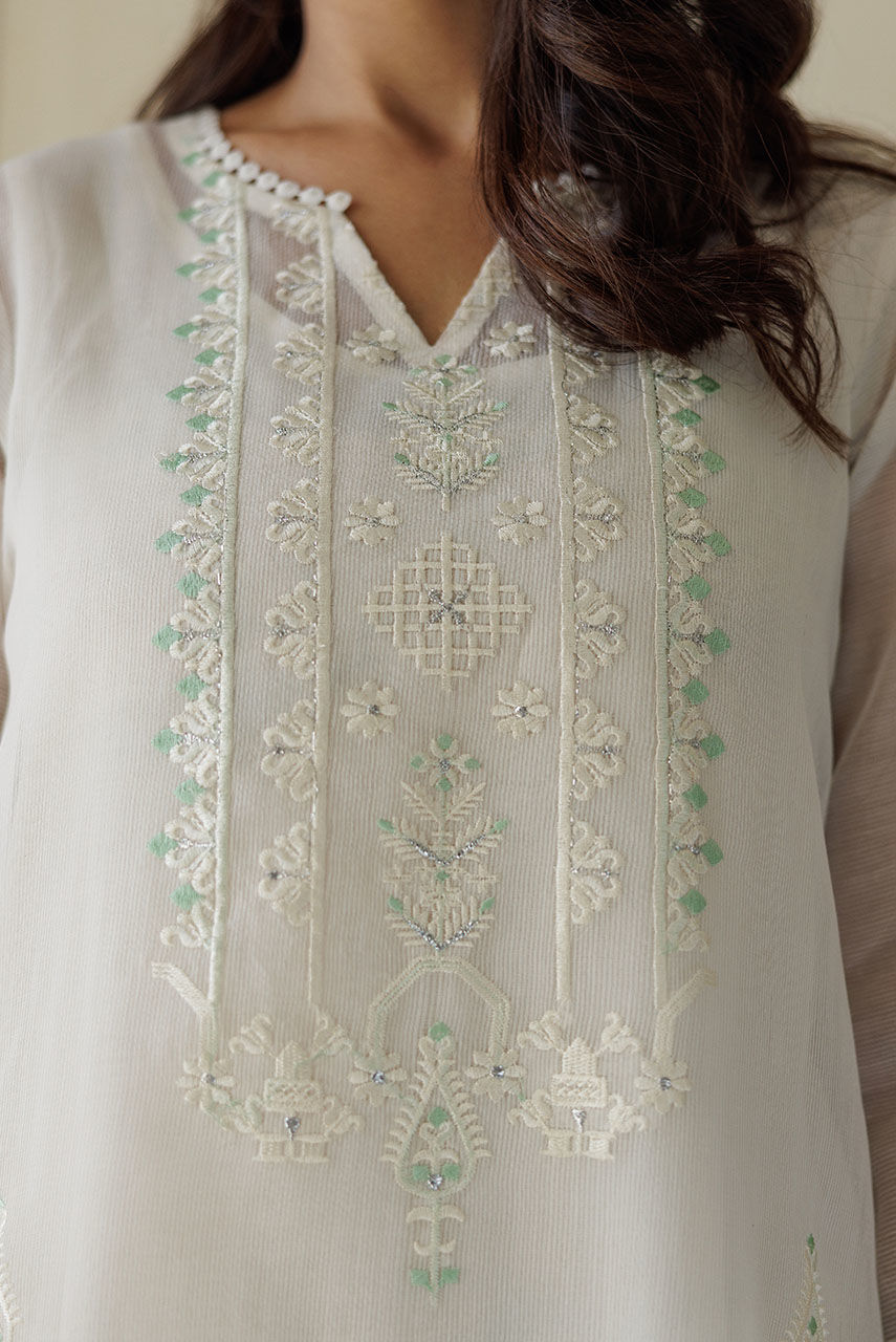White Embroidered Cotton Net Salwar Kameez (3-Piece) - Image 5