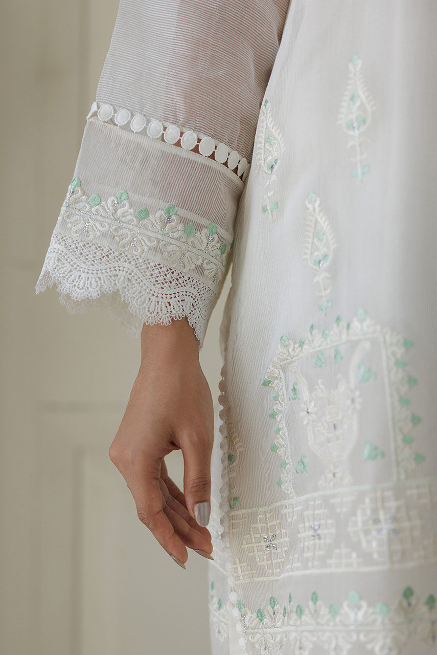 White Embroidered Cotton Net Salwar Kameez (3-Piece) - Image 6