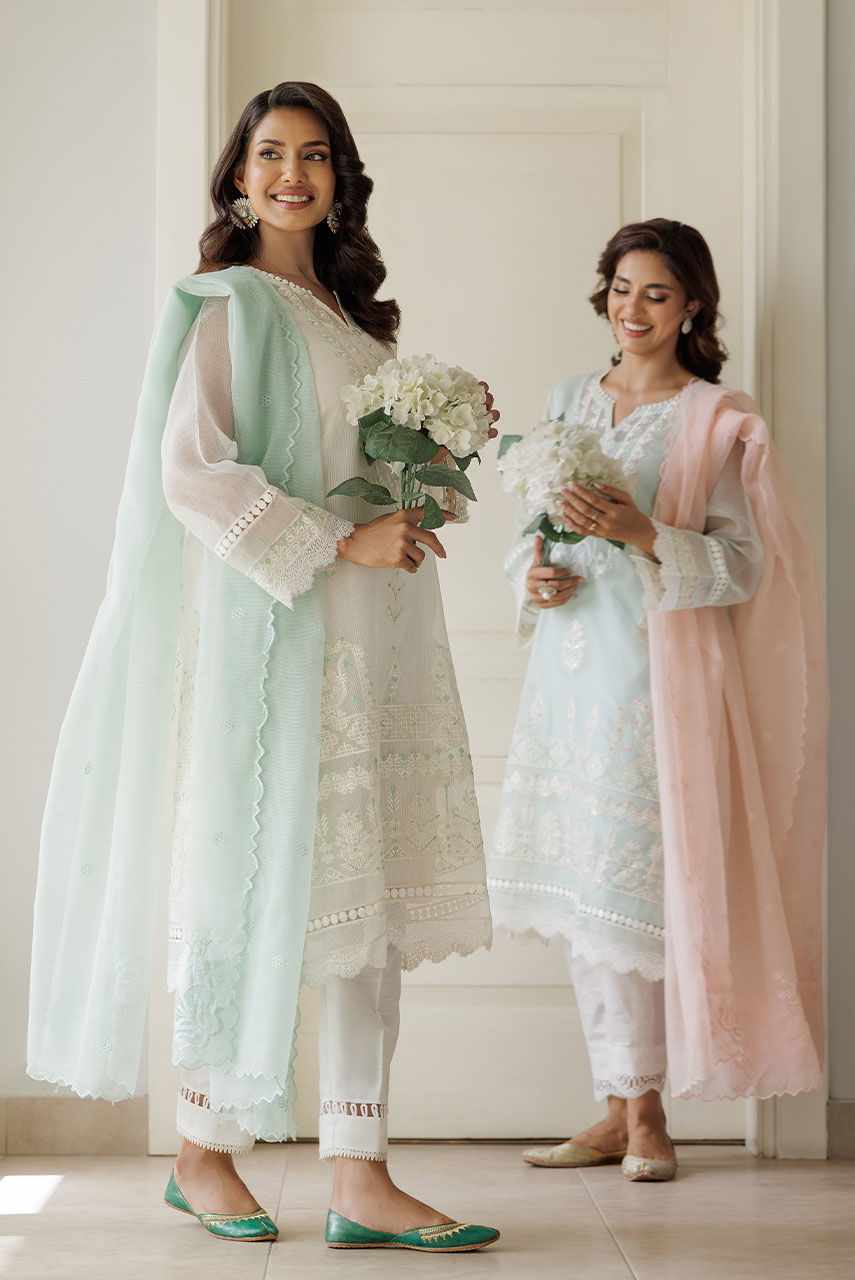 White Embroidered Cotton Net Salwar Kameez (3-Piece) - Image 7