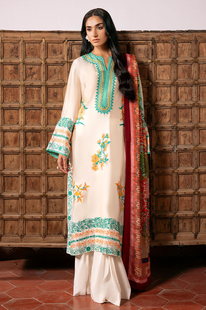 White Embroidered Cotton Net Salwar Kameez (3-Piece) - Image 1