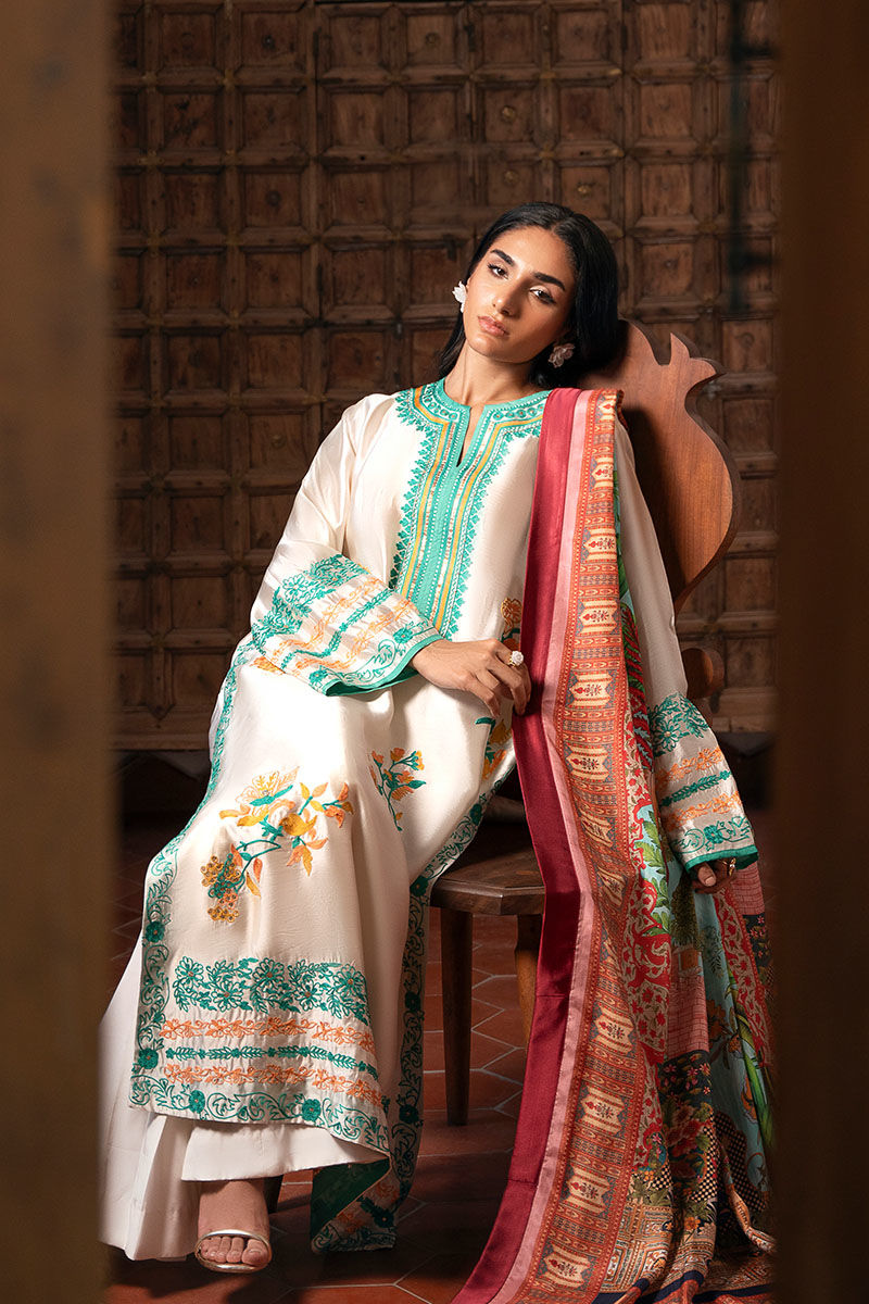 White Embroidered Cotton Net Salwar Kameez (3-Piece) - Image 3