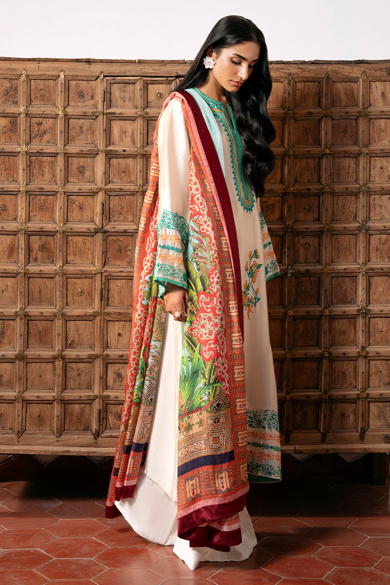 White Embroidered Cotton Net Salwar Kameez (3-Piece) - Image 4