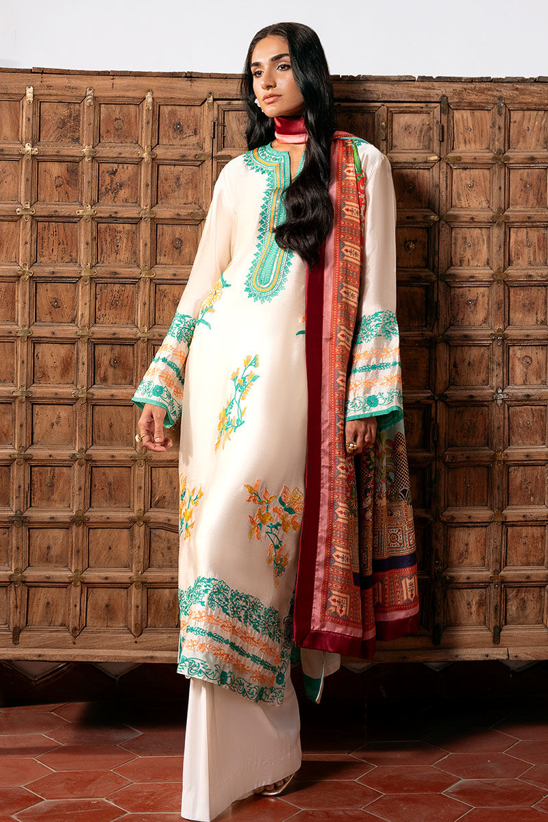 White Embroidered Cotton Net Salwar Kameez (3-Piece) - Image 5