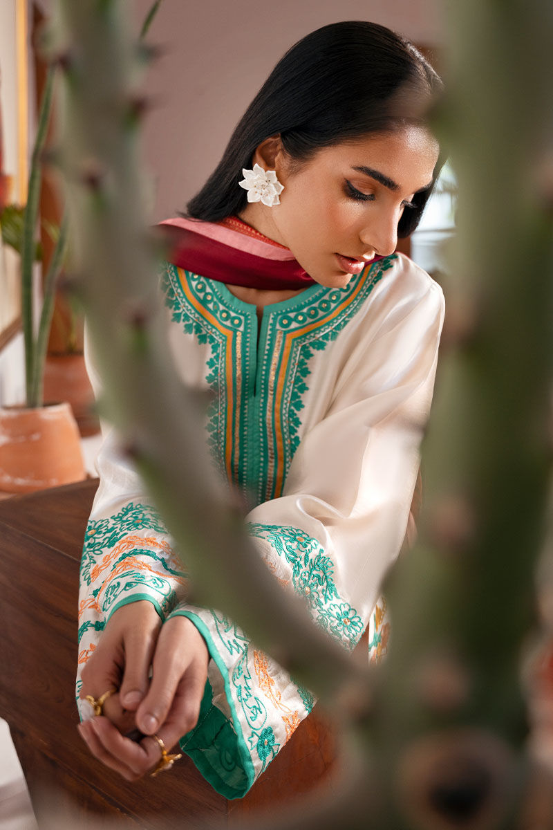 White Embroidered Cotton Net Salwar Kameez (3-Piece) - Image 6