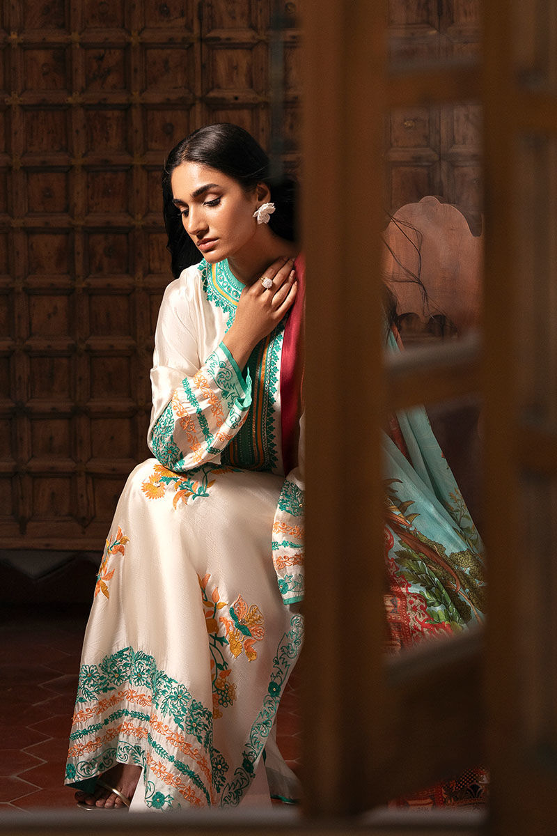 White Embroidered Cotton Net Salwar Kameez (3-Piece) - Image 7