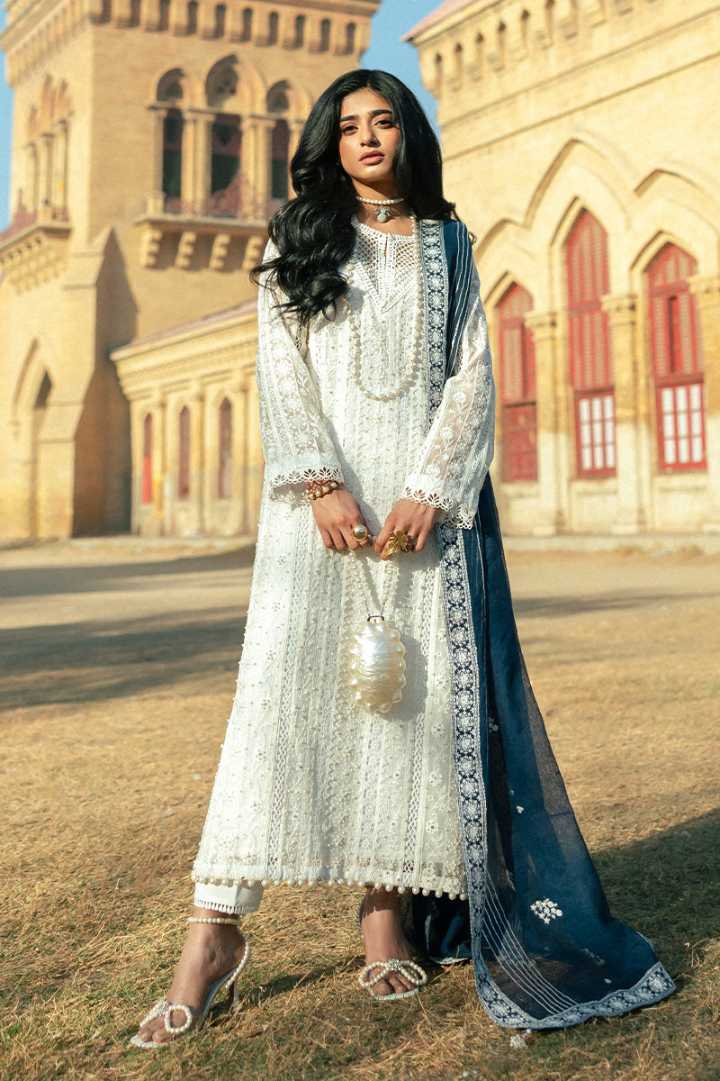 Pakistani White Embroidered Cotton Net Salwar Kameez (3-Piece) - Image 1