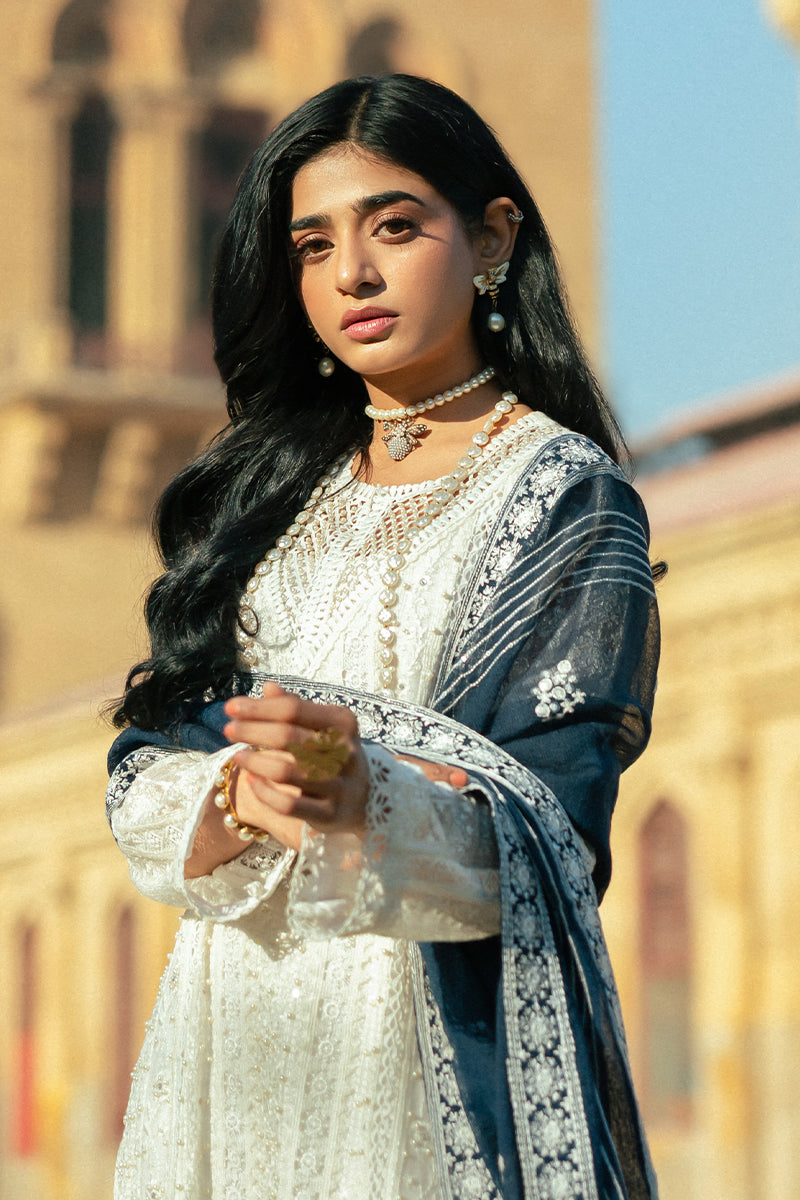 Pakistani White Embroidered Cotton Net Salwar Kameez (3-Piece) - Image 10