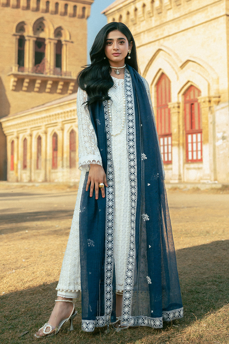 Pakistani White Embroidered Cotton Net Salwar Kameez (3-Piece) - Image 11