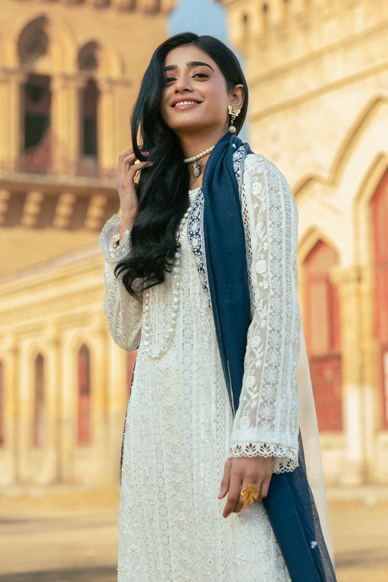 Pakistani White Embroidered Cotton Net Salwar Kameez (3-Piece) - Image 12