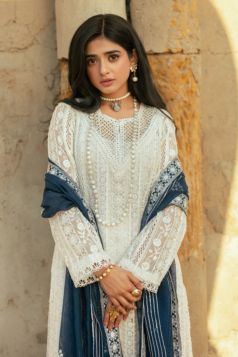 Pakistani White Embroidered Cotton Net Salwar Kameez (3-Piece) - Image 13