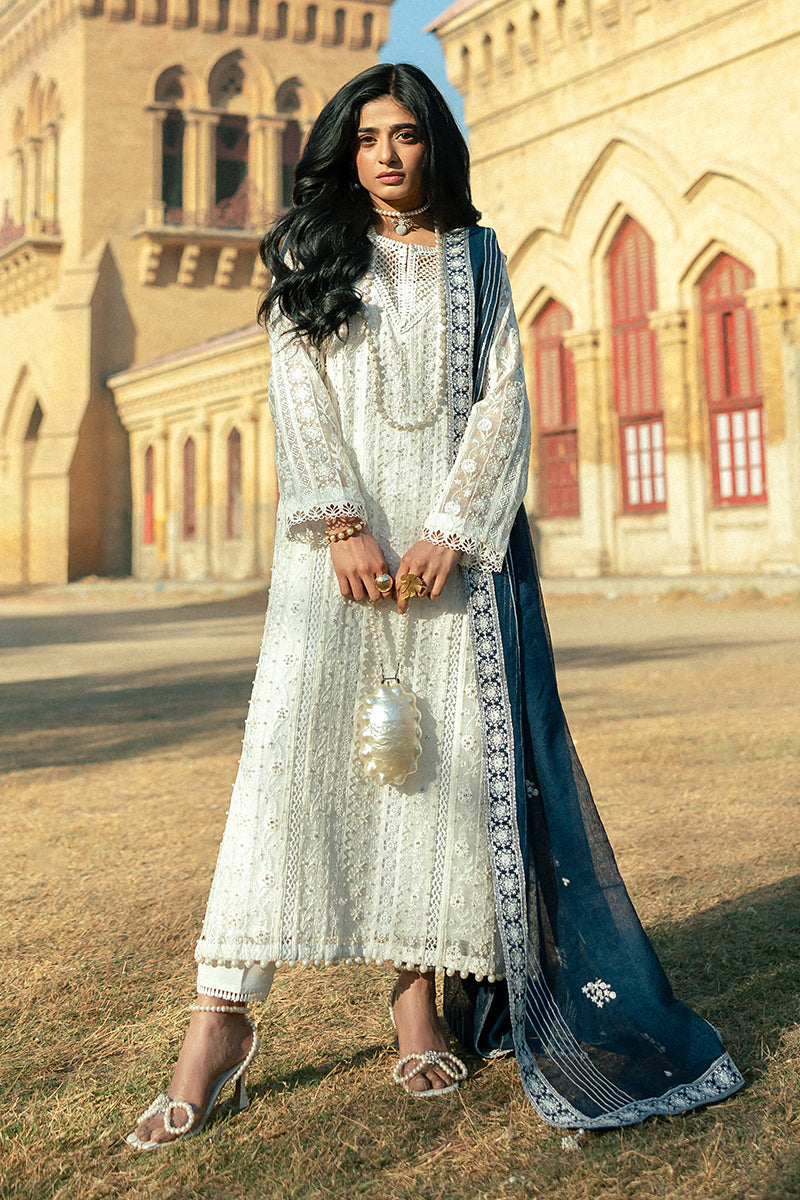 Pakistani White Embroidered Cotton Net Salwar Kameez (3-Piece) - Image 14