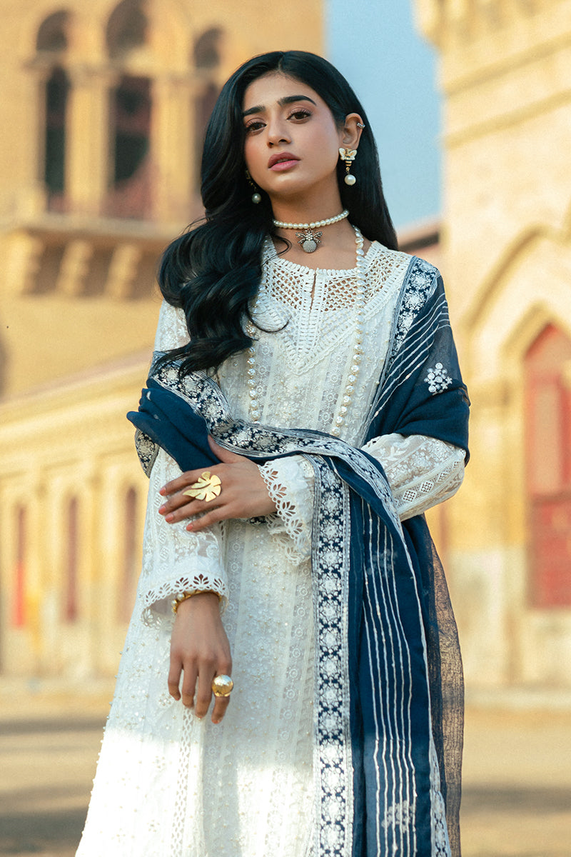 Pakistani White Embroidered Cotton Net Salwar Kameez (3-Piece) - Image 2