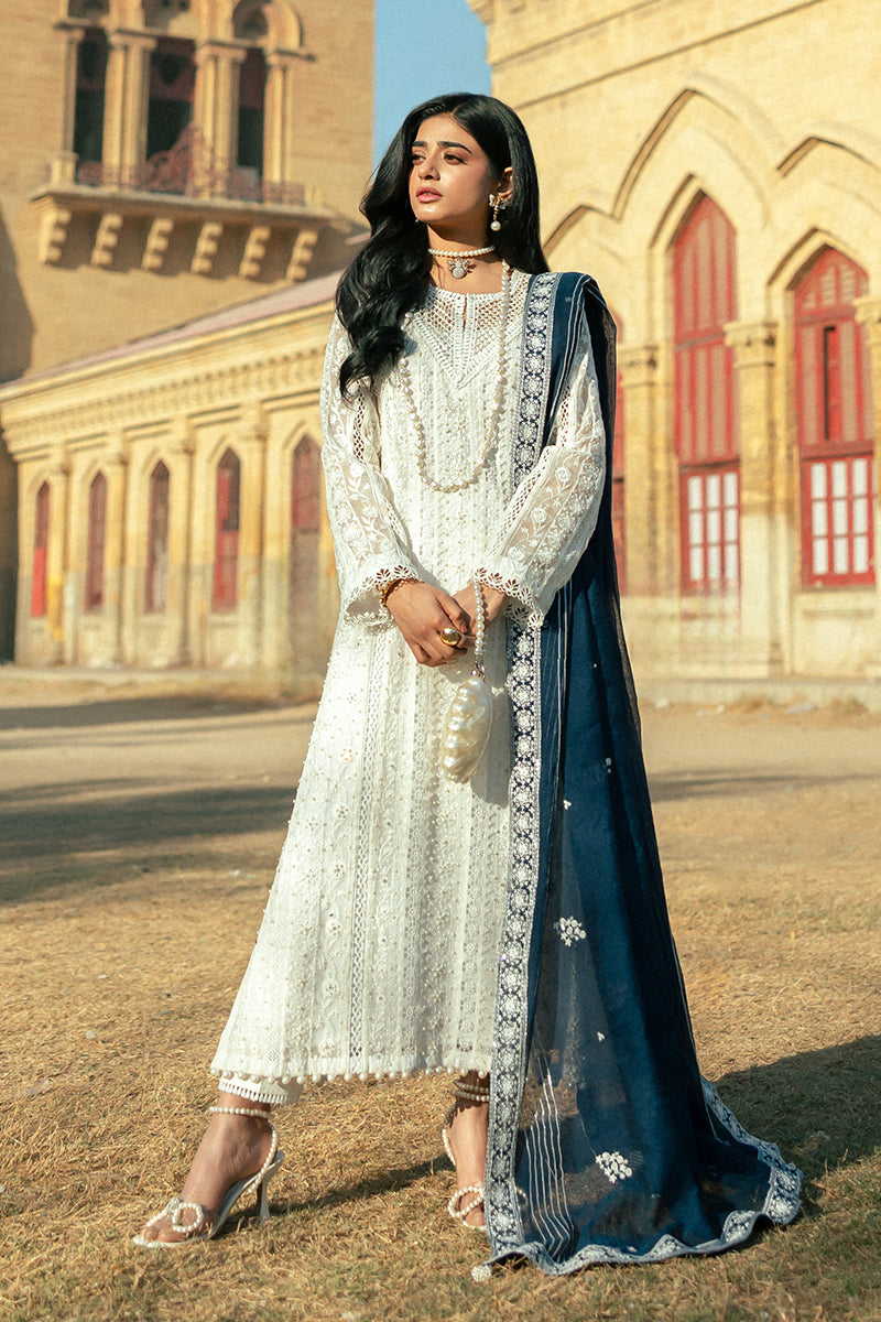 Pakistani White Embroidered Cotton Net Salwar Kameez (3-Piece) - Image 3