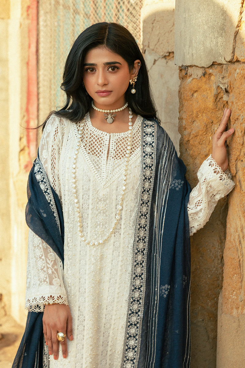 Pakistani White Embroidered Cotton Net Salwar Kameez (3-Piece) - Image 4