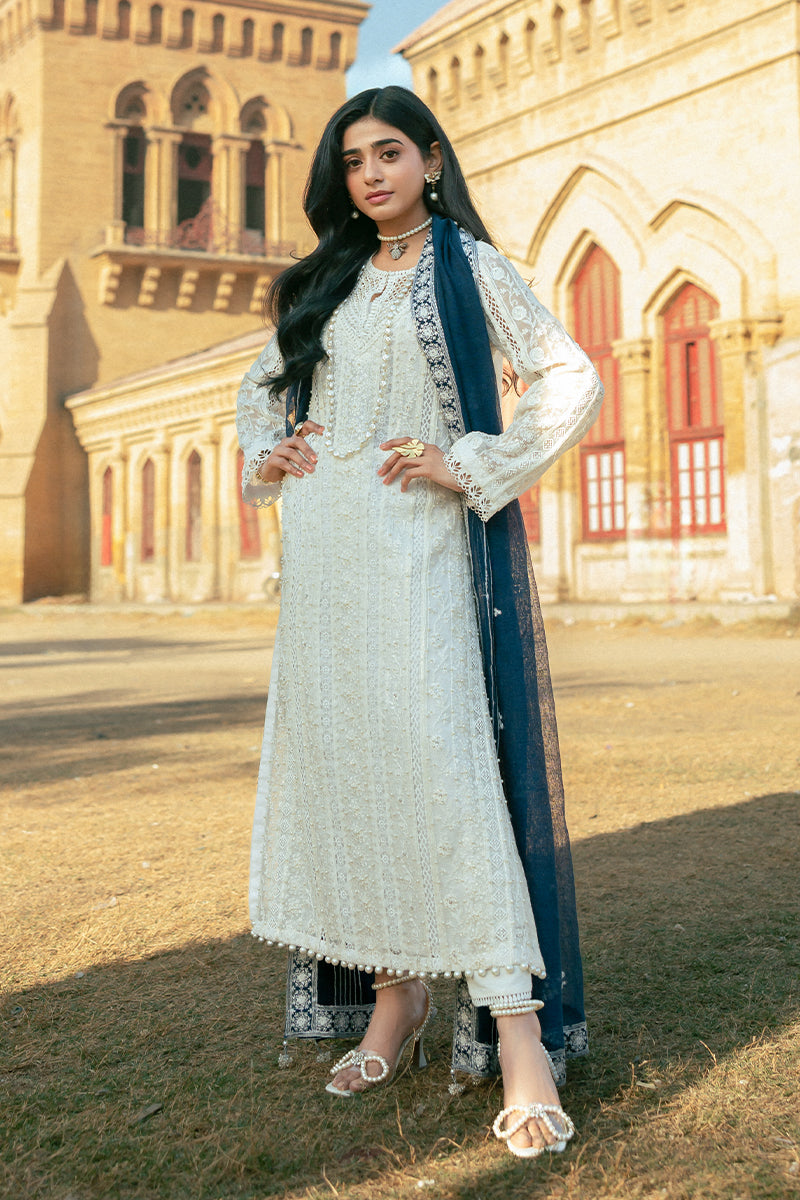 Pakistani White Embroidered Cotton Net Salwar Kameez (3-Piece) - Image 5