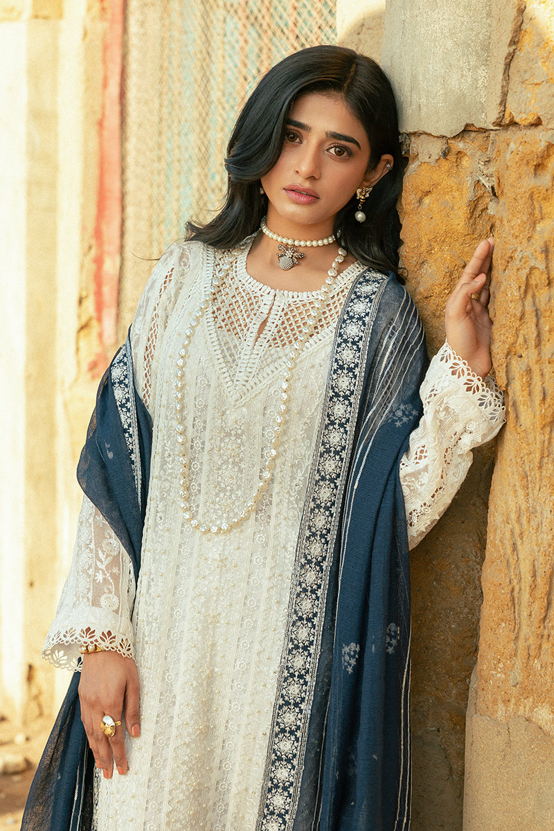 Pakistani White Embroidered Cotton Net Salwar Kameez (3-Piece) - Image 7