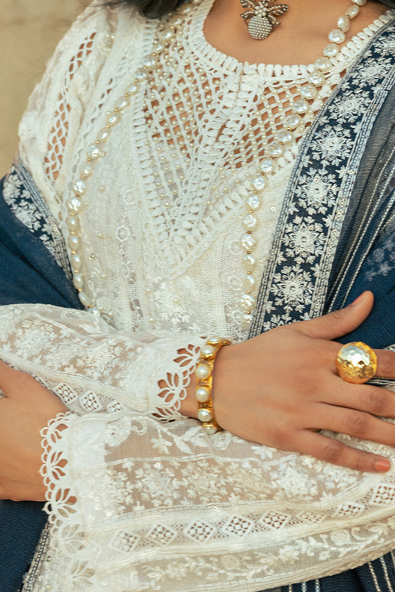 Pakistani White Embroidered Cotton Net Salwar Kameez (3-Piece) - Image 8