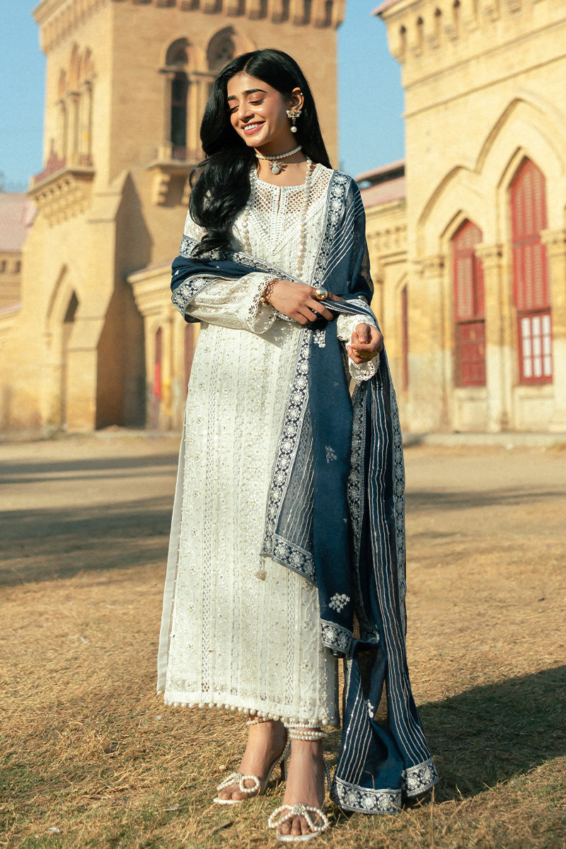 Pakistani White Embroidered Cotton Net Salwar Kameez (3-Piece) - Image 9