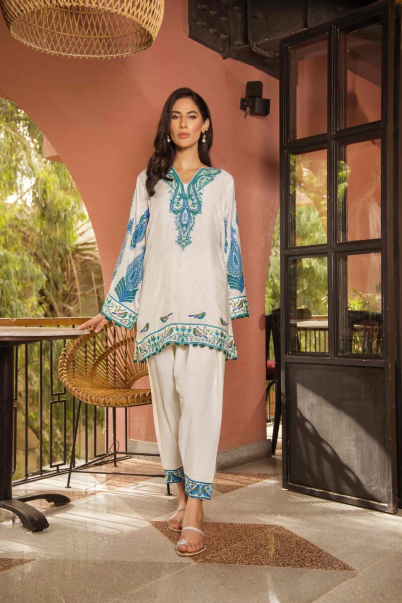 Pakistani White Embroidered Cotton Net Salwar Kameez (2-Piece) - Image 1