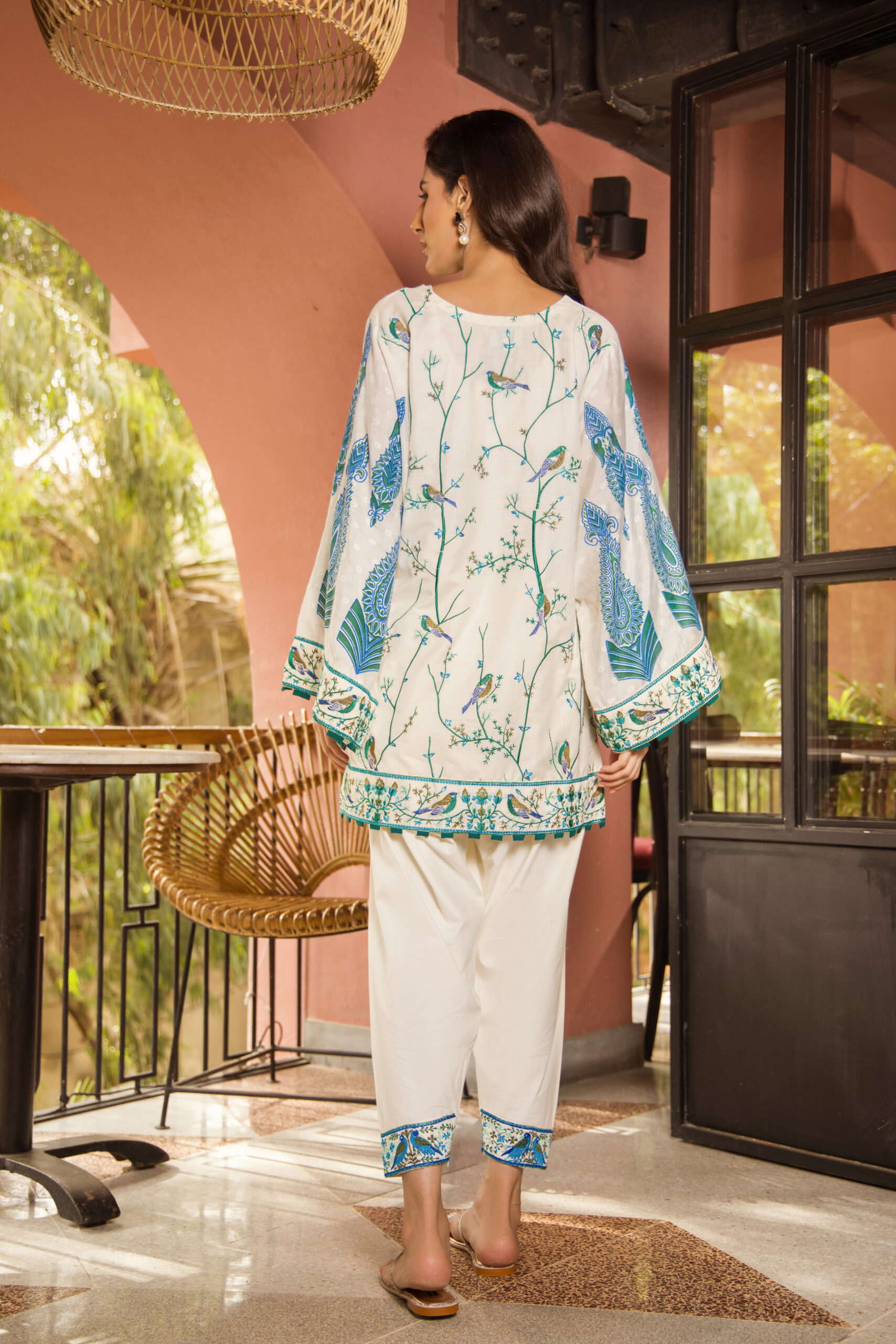 Pakistani White Embroidered Cotton Net Salwar Kameez (2-Piece) - Image 3