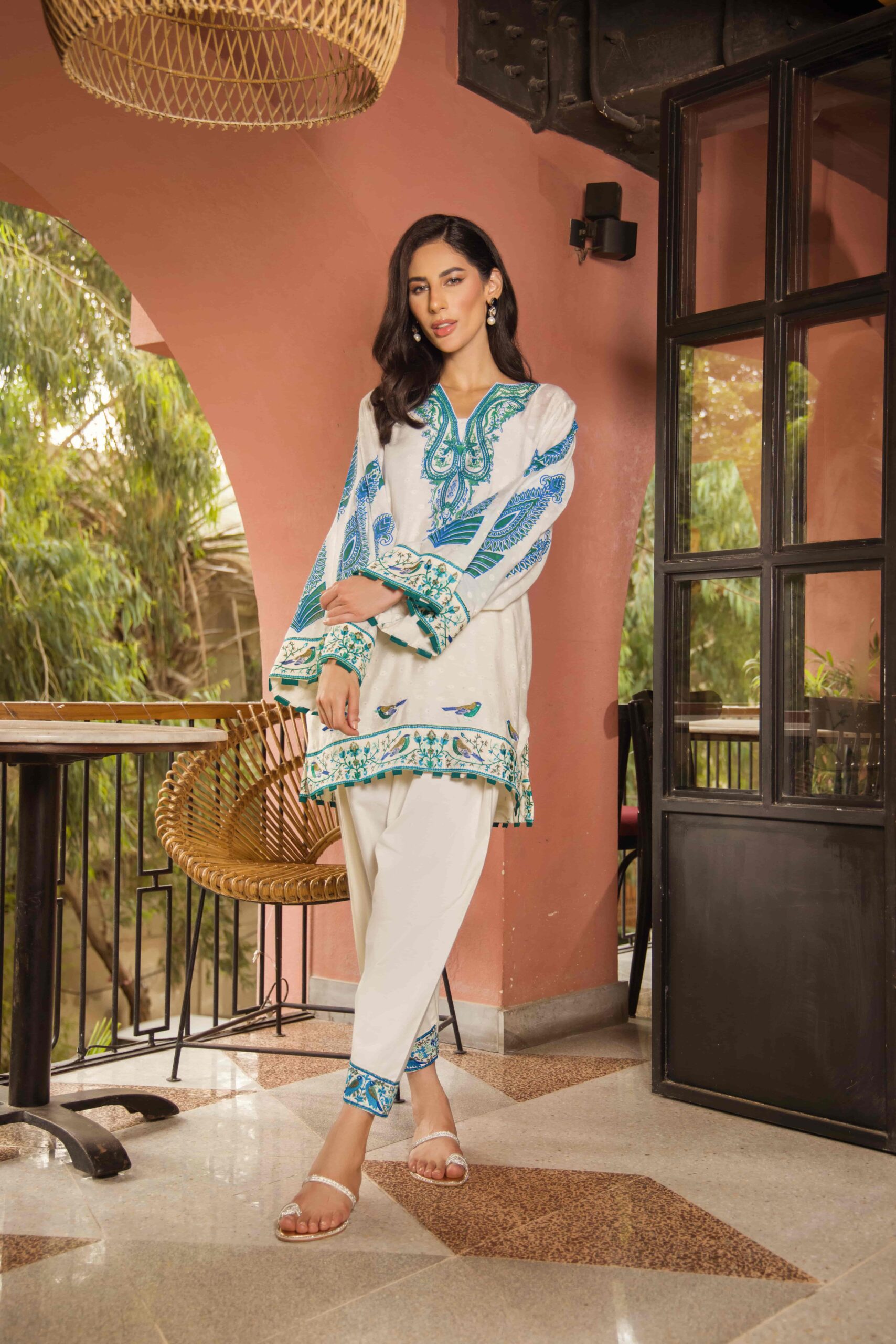 Pakistani White Embroidered Cotton Net Salwar Kameez (2-Piece) - Image 6