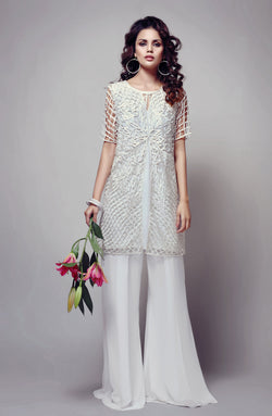 Pakistani White Handcrafted Cutwork Jacket Set (2-Piece) - Image 1