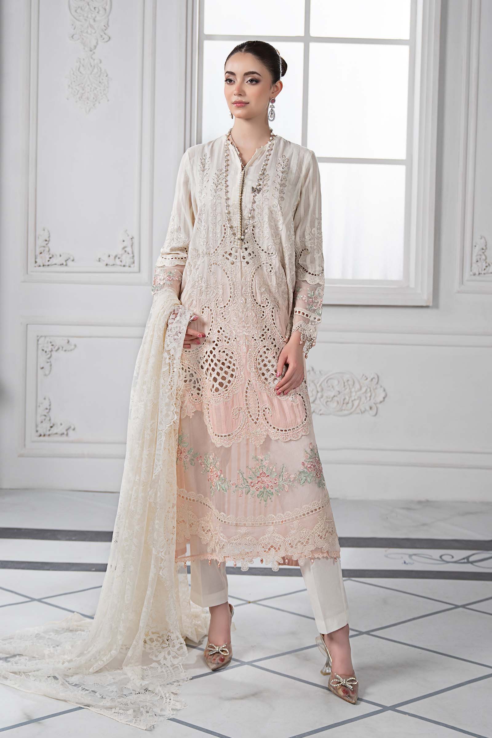 Pakistani White & Pink Embroidered Dobby Lawn Suit (3-Piece) - Image 2