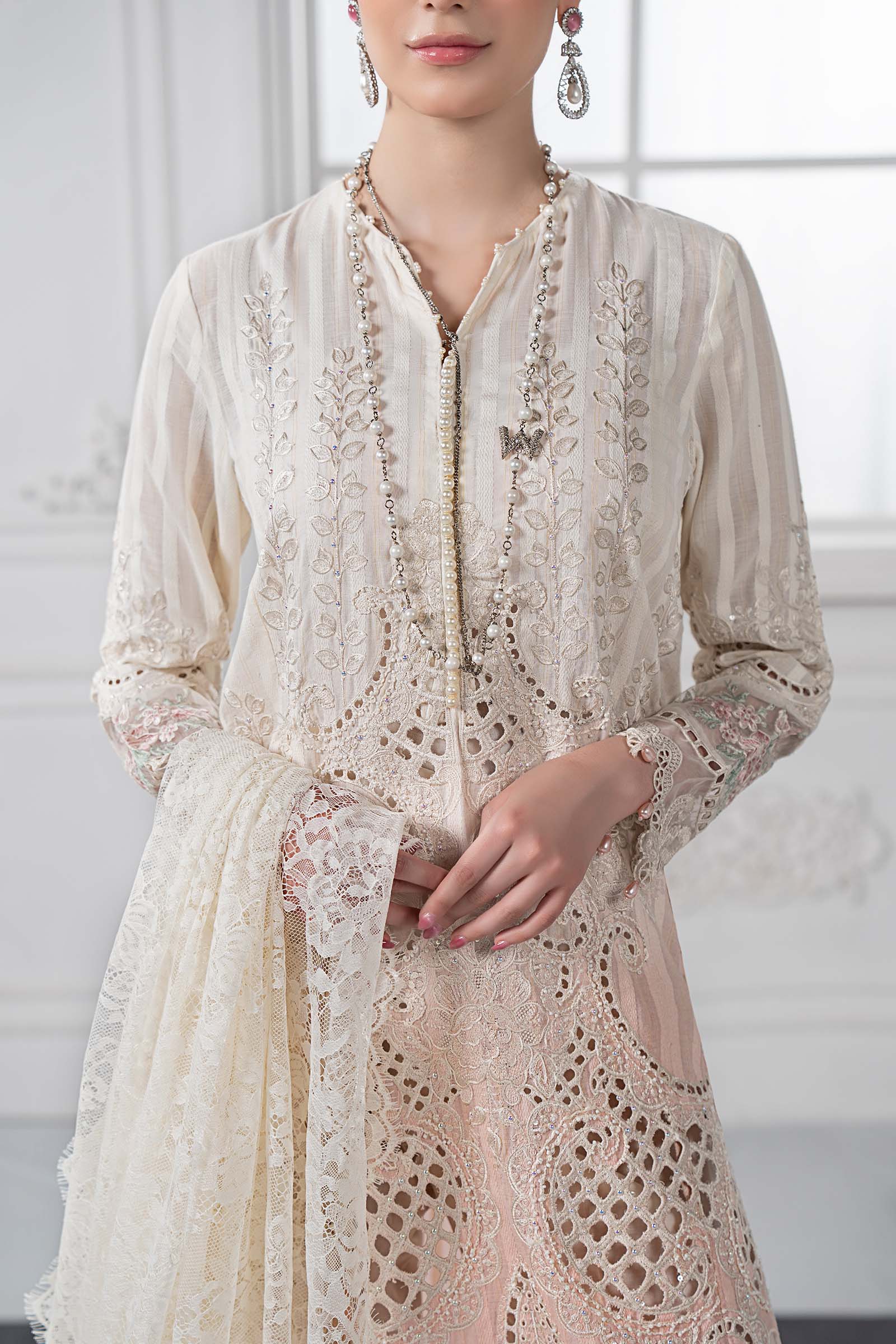 Pakistani White & Pink Embroidered Dobby Lawn Suit (3-Piece) - Image 4