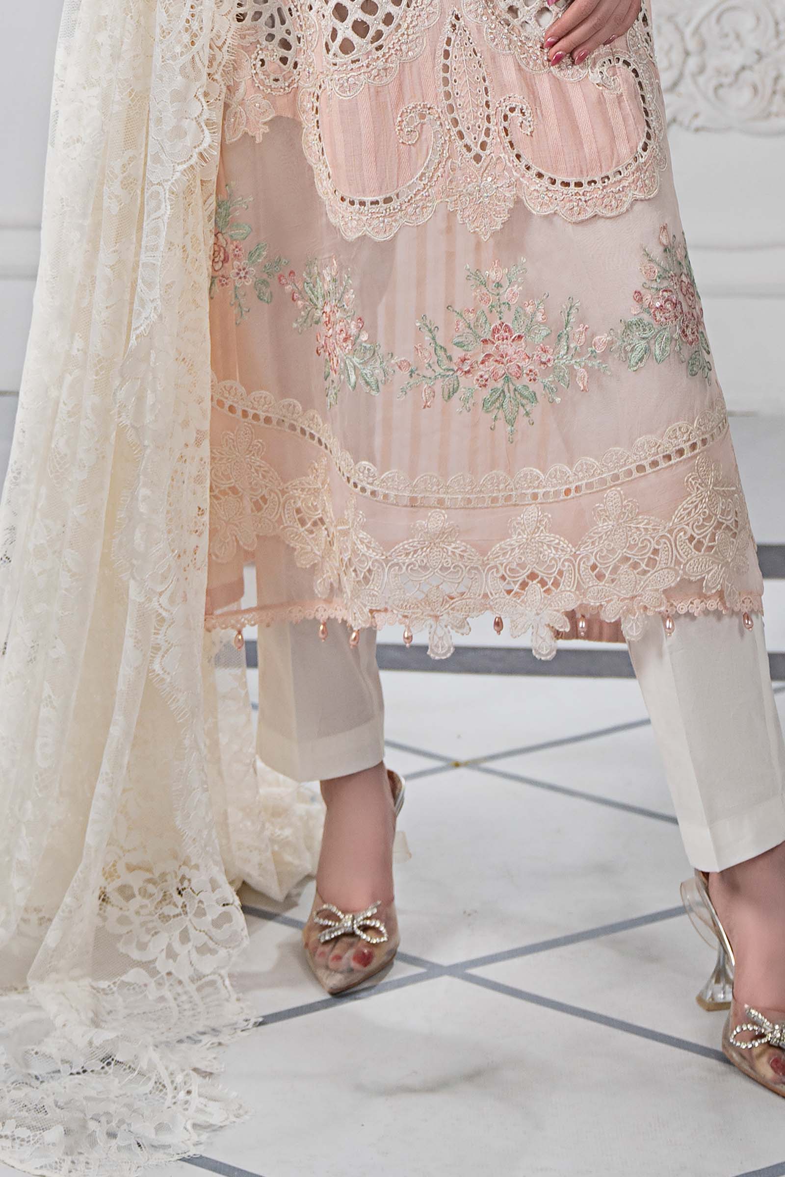 Pakistani White & Pink Embroidered Dobby Lawn Suit (3-Piece) - Image 5