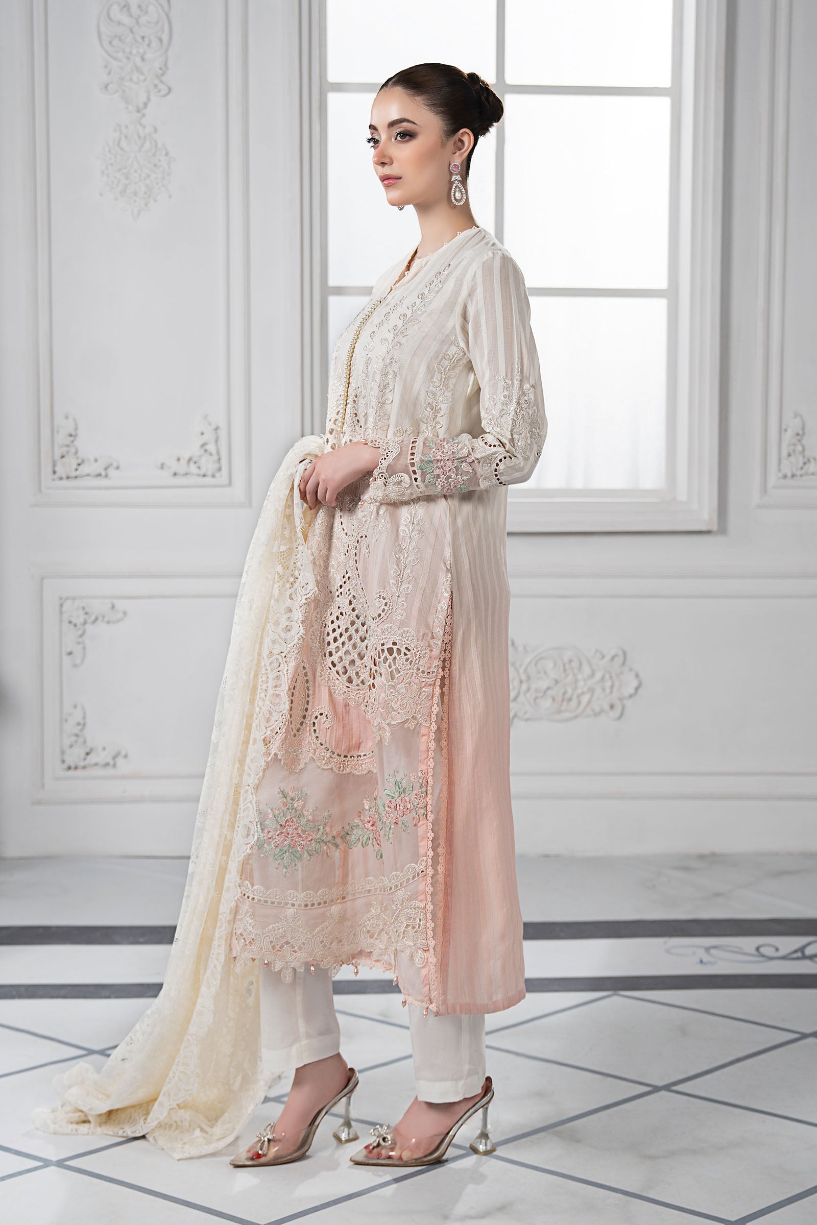 Pakistani White & Pink Embroidered Dobby Lawn Suit (3-Piece) - Image 7