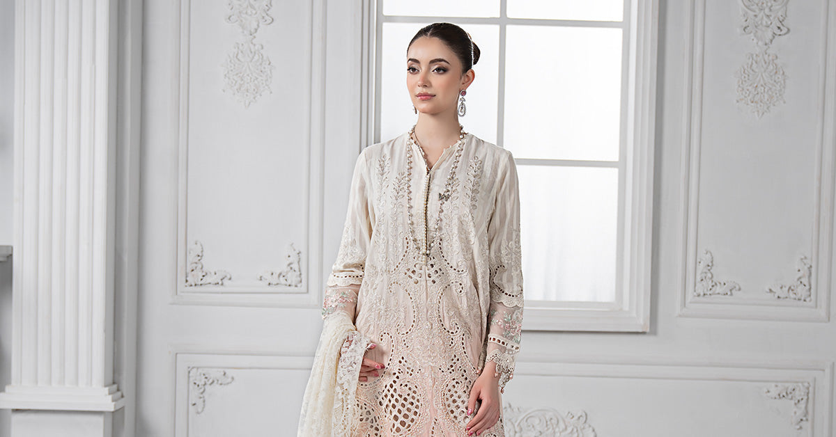 Pakistani White & Pink Embroidered Dobby Lawn Suit (3-Piece) - Image 9