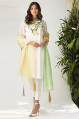 Pakistani White Appliqué Georgette Chiffon Salwar Kameez (2-Piece) - Image 3