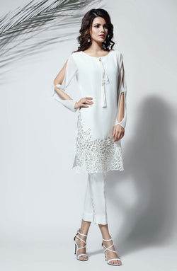 Pakistani White Cutwork Georgette Chiffon Tunic with Raw Silk Pants (2-Piece) - Image 1