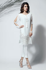 Pakistani White Cutwork Georgette Chiffon Tunic with Raw Silk Pants (2-Piece) - Image 2